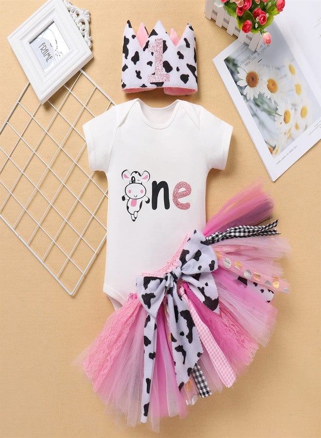 AWIBMK Baby Girl 1st Birthday Outfit Farm Cow Giraffe Romper Tutu Skirt Crown Headband Round Neck Animals Themed Cake Smash Photo Shoot Short Sleeve 3Pcs Clothes Set White + Pink Cow One 12-18M - Image 2